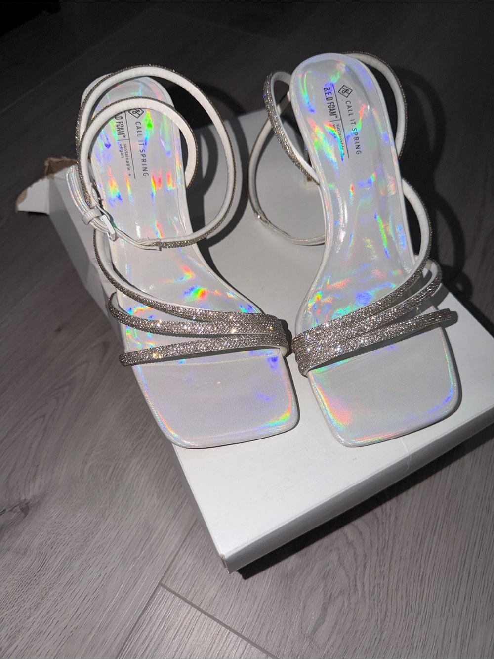 Call It Spring Iridescent White Strappy Heeled Sandals with Sparkle Straps